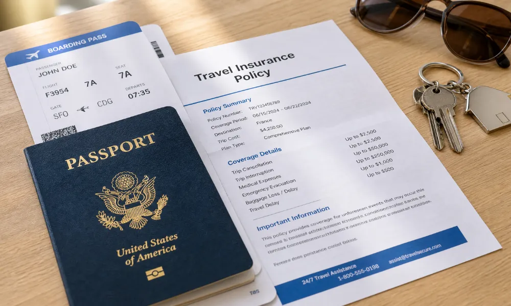 Passport, boarding pass and travel insurance documents laid out together