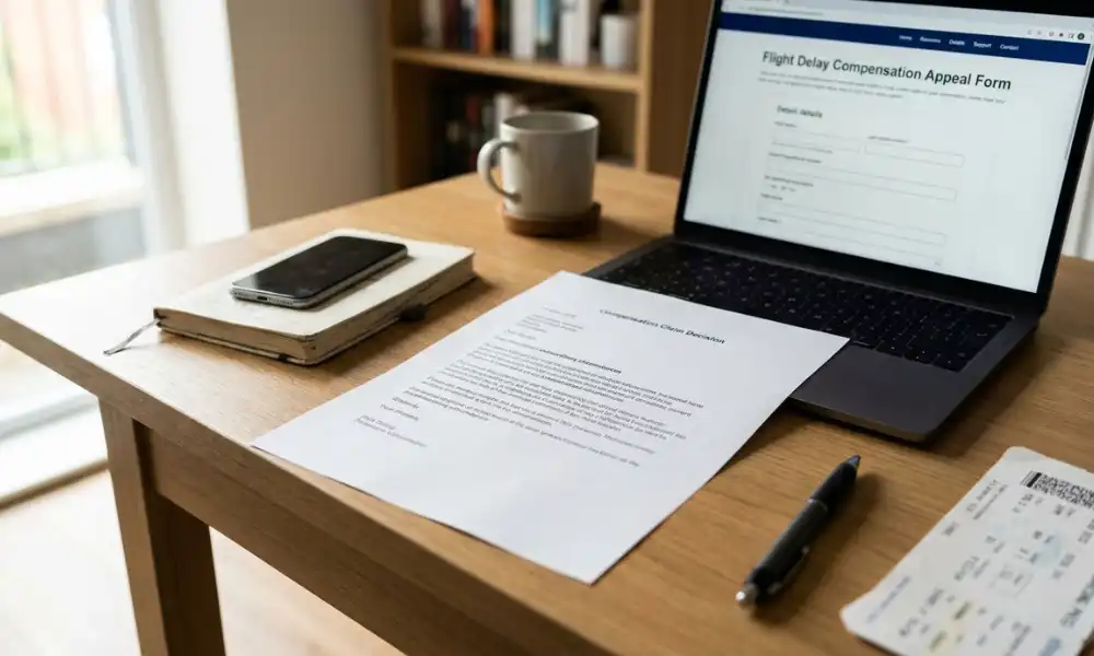 Airline compensation appeal process &mdash; UK passenger reviewing flight delay claim rejected letter and extraordinary circumstances excuse from airline