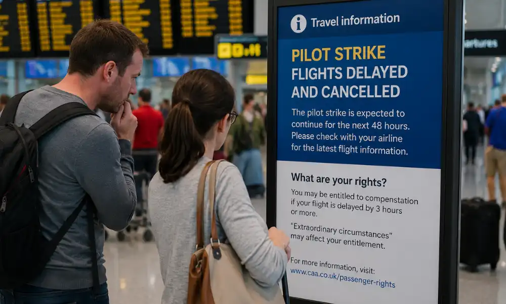 Airline pilot strike causing flight delay — passengers checking extraordinary circumstances flight rules