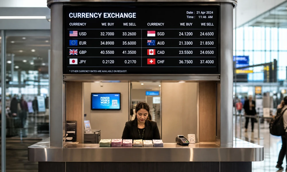 Currency exchange counter and digital rates board at an airport
