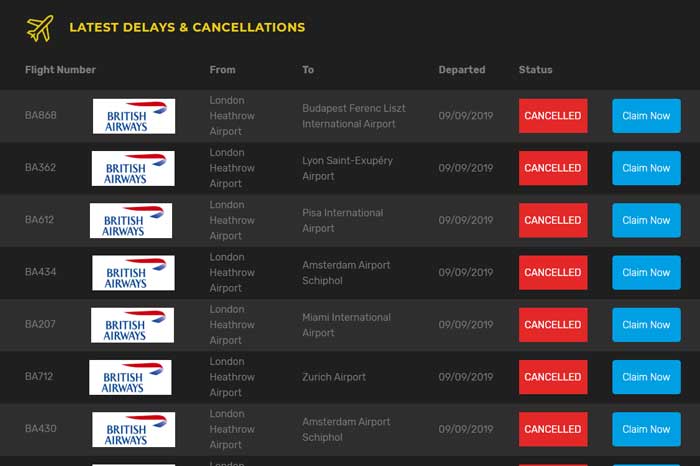 British Airways cancelled flights list