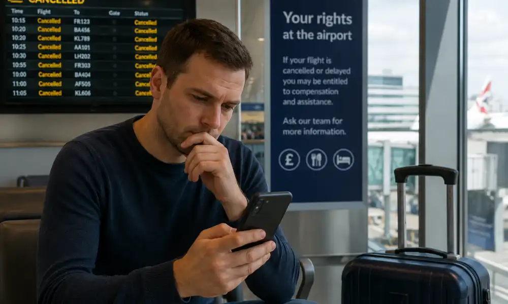 Passenger checking replacement flight compensation entitlement on phone after cancelled flight rights apply