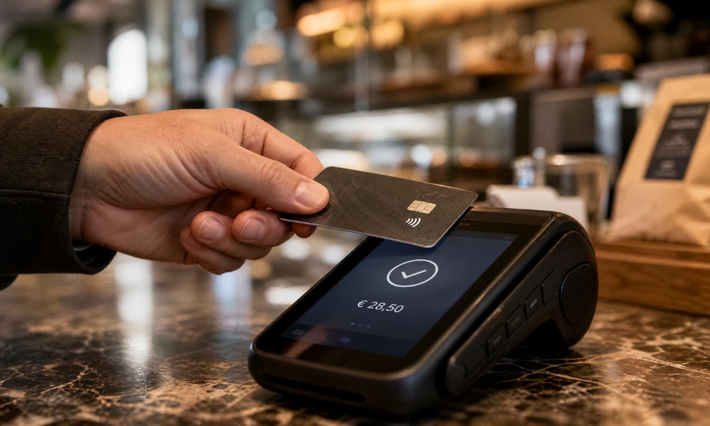 Traveller making a contactless card payment at an overseas terminal