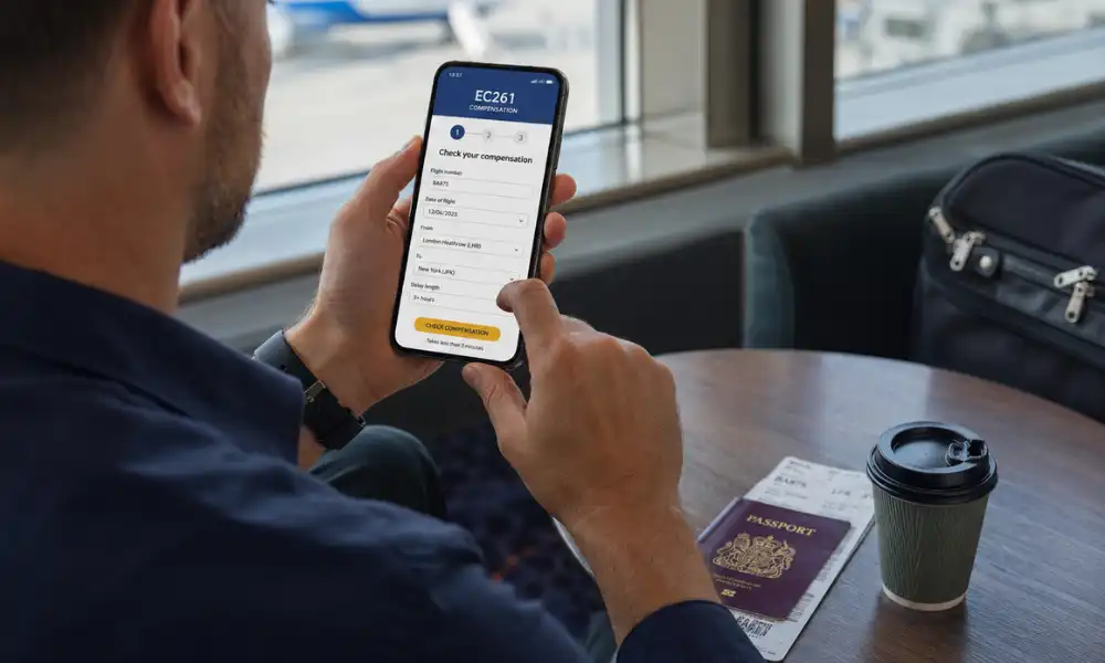 Passenger claiming flight delay compensation using EC261 passenger rights on mobile phone