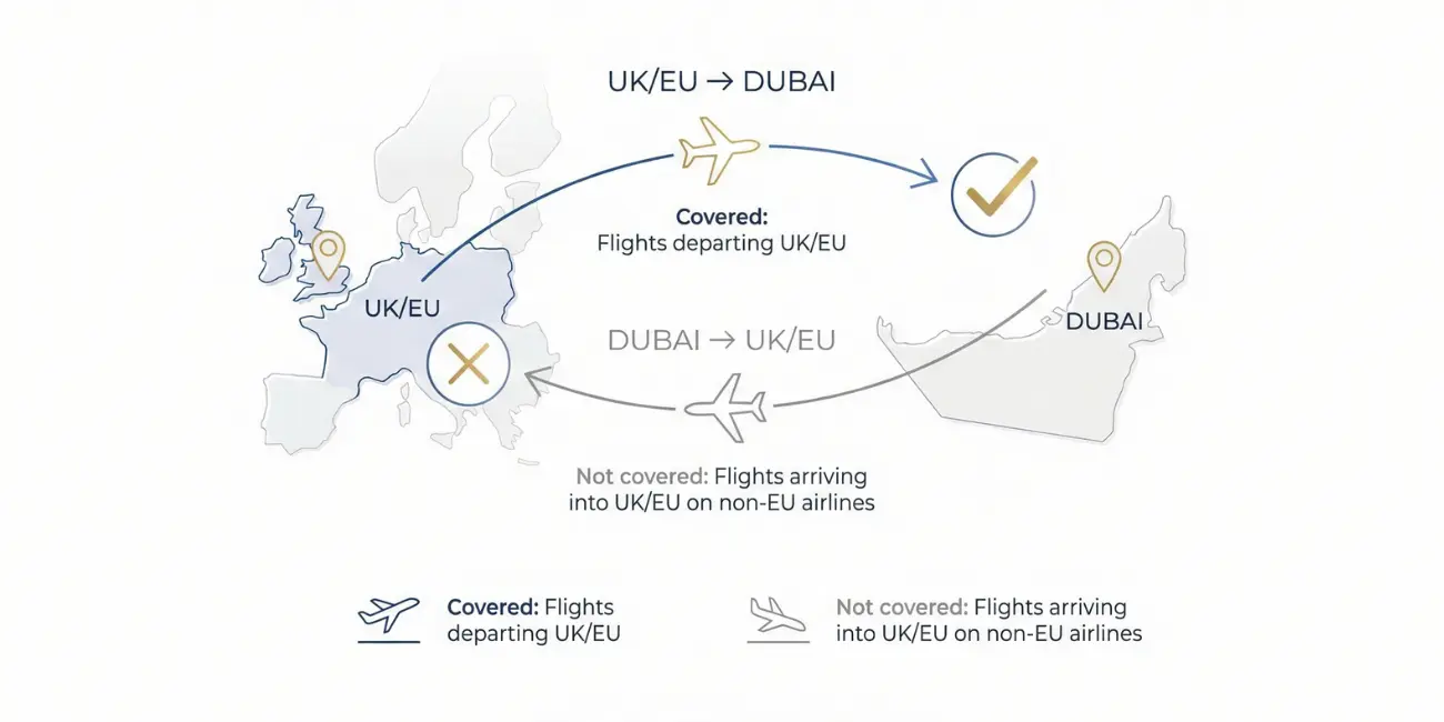 EU261 compensation rules infographic for Emirates delayed flight departing from UK or EU airport