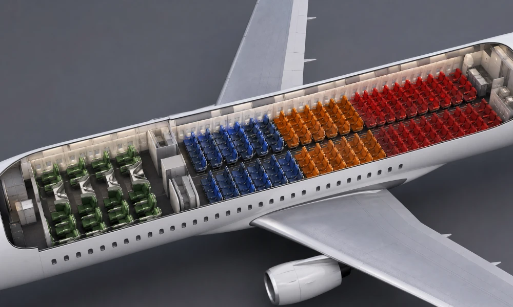 Diagram of an aircraft cabin split into different fare-class pricing tiers
