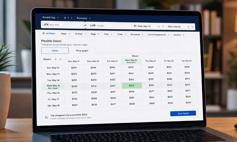 Flight search results screen comparing prices across flexible travel dates