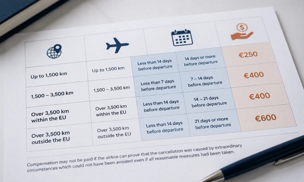 Flight cancelled last minute compensation chart comparing UK261 amounts for 7-14 days notice versus under 7 days notice