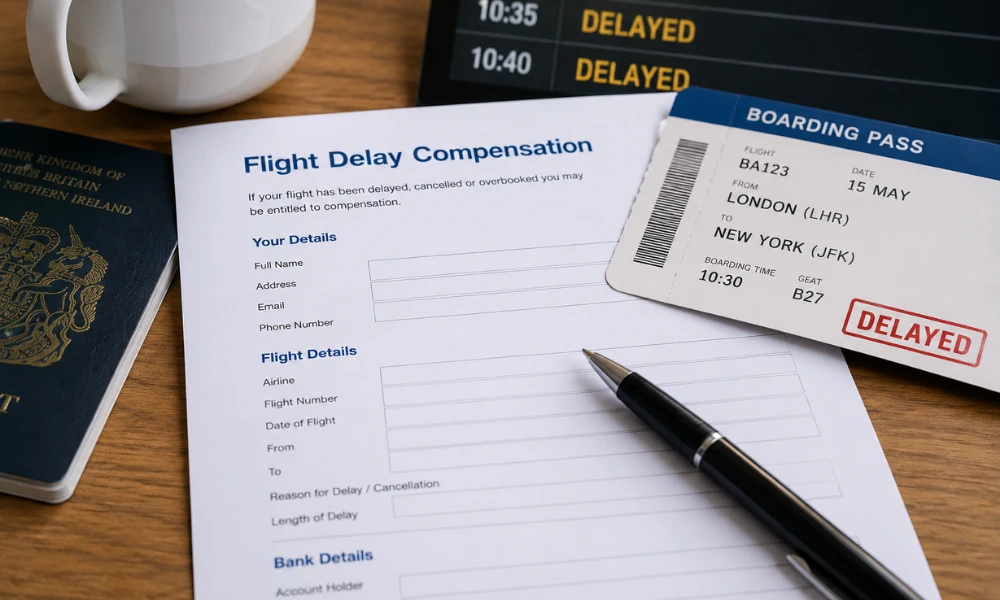 Flight delay compensation strike claim paperwork and boarding pass