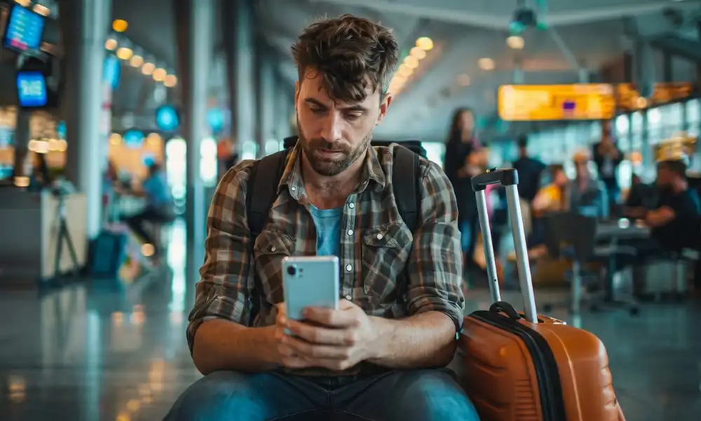 Flight delay compensation Gatwick &mdash; passenger checking phone at airport terminal