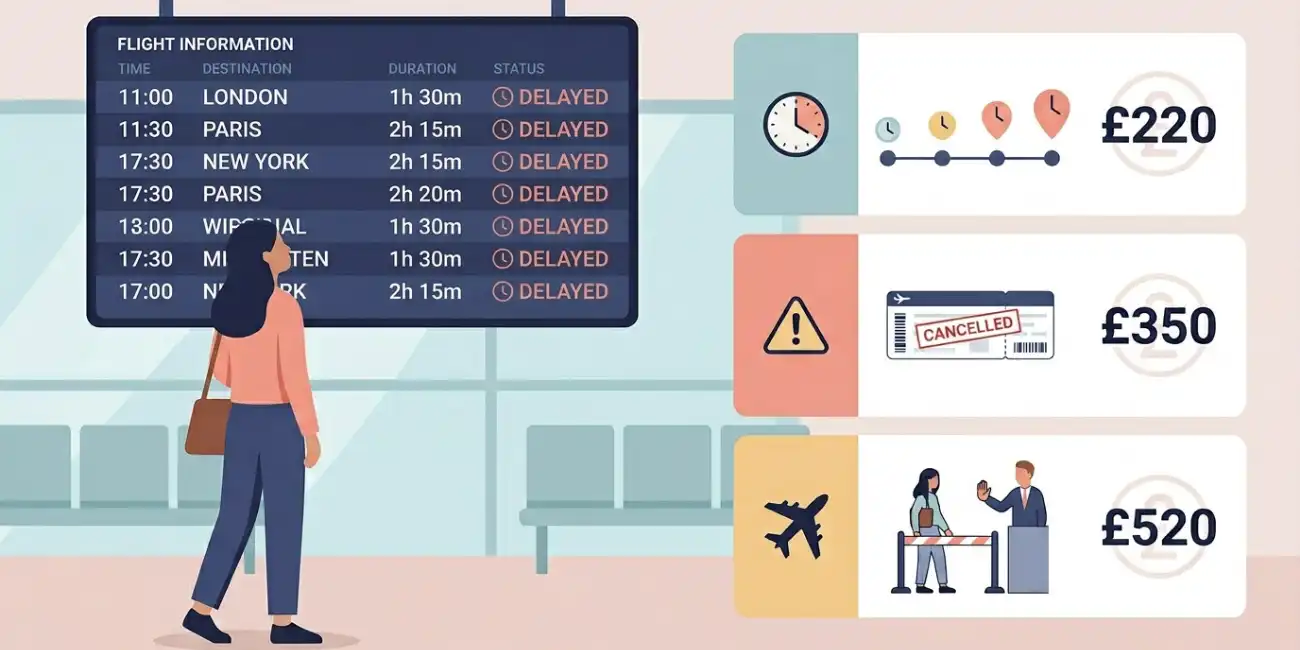 Flight delay compensation UK &mdash; airline passenger rights explained showing EC 261 compensation amounts for delayed flights