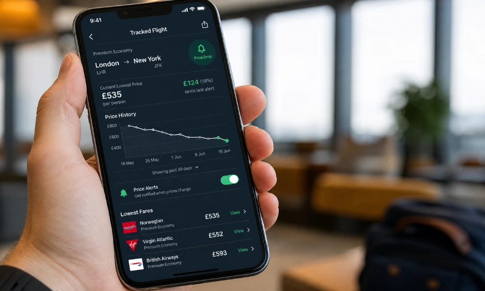 Price alert tracking changes in a flight fare over time