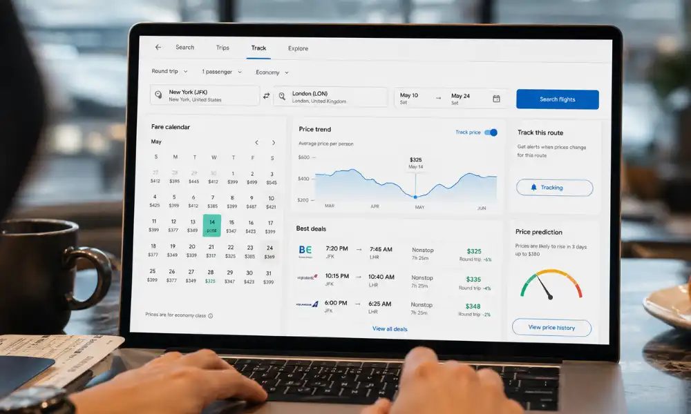 Flight price tracker showing price prediction and cheap flights calendar view