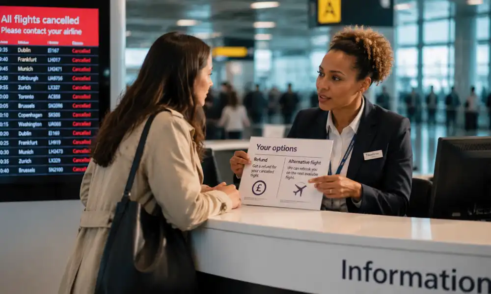 Refund vs compensation choices showing a flight refund or alternative flight after cancellation