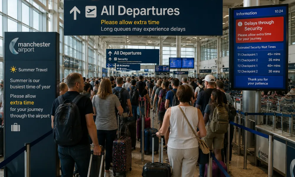 Manchester Airport summer delays queue