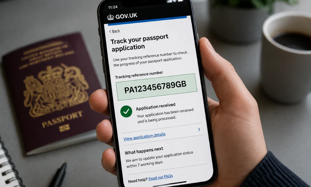 Passport application tracking reference number on a phone screen
