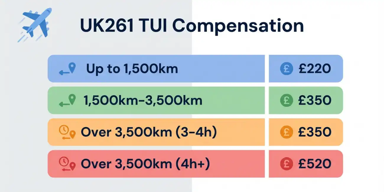 UK261 TUI flight delay compensation rights chart showing compensation amounts by distance