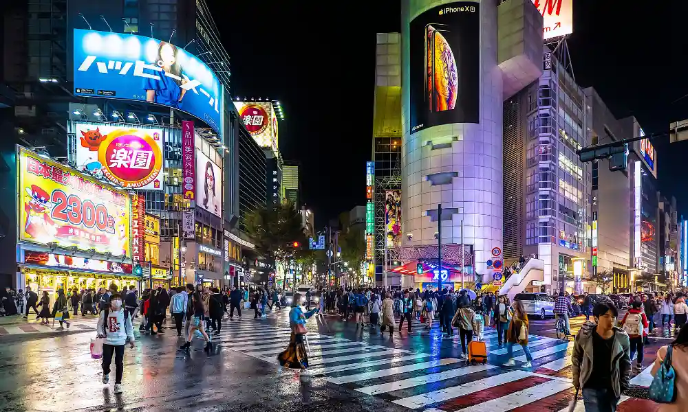 Two weeks in Japan itinerary with busy Tokyo nightlife, neon signs and city crossing