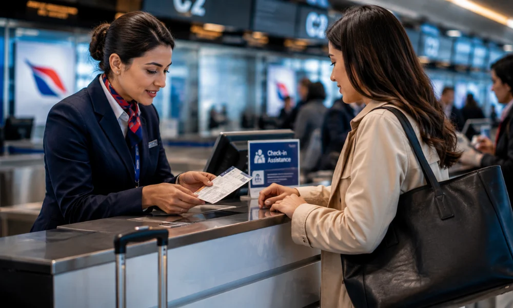 airline staff explaining UK261 rights after a flight delay
