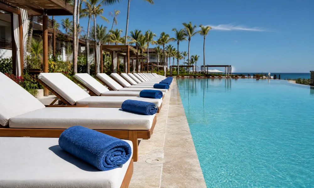 Empty sunbeds by a hotel pool illustrating unsold late-season inventory